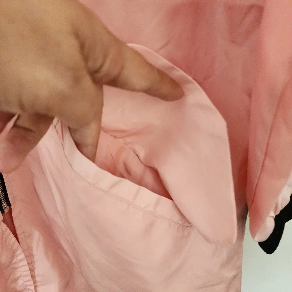Y2K 36.5 Pink Longline Bomber Jacket with Patches Womens S Windbreaker Retro